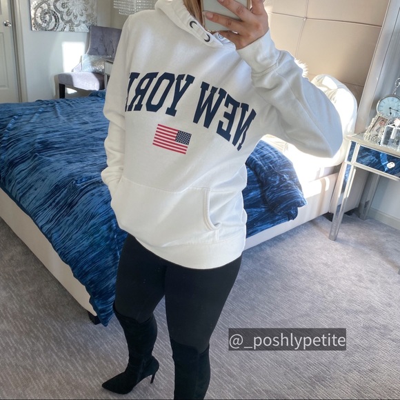 White printed oversized hoodie sweatshirt sweater cinched long sleeve - Picture 4 of 15